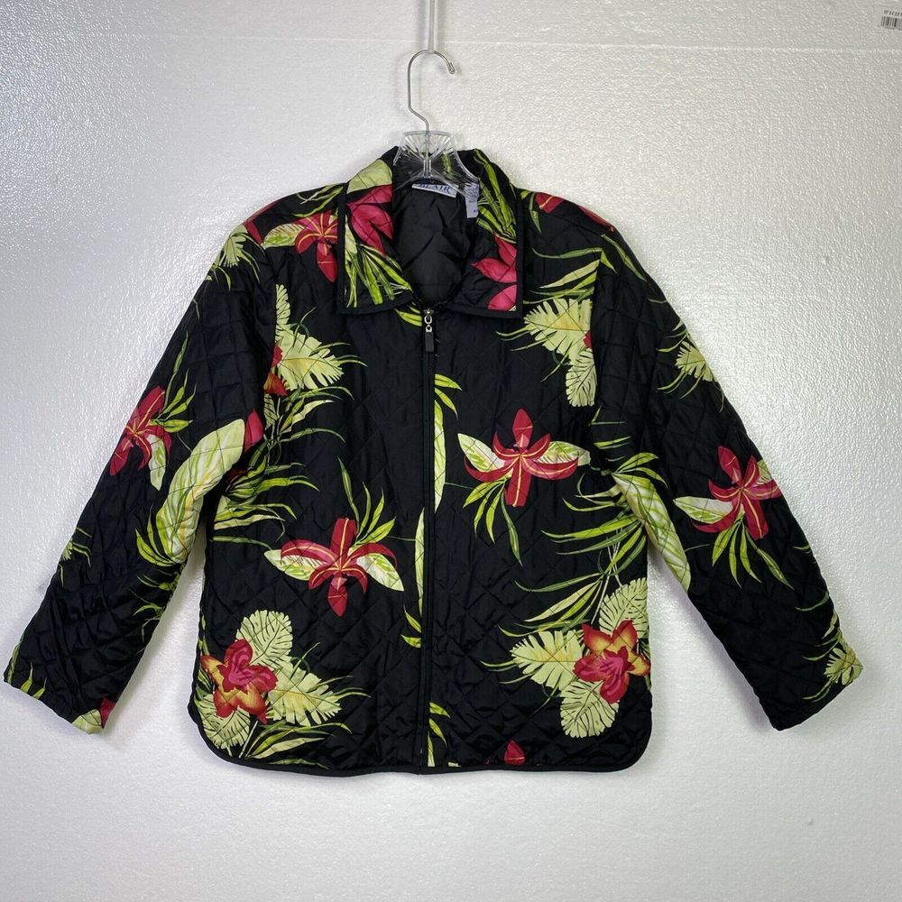 Blair Quilted Floral Silk Jacket Womens Size M Black Green Zip up Long sleeve